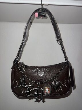Ed Hardy Dark Brown Embossed Shoulder Bag with Charm Chain